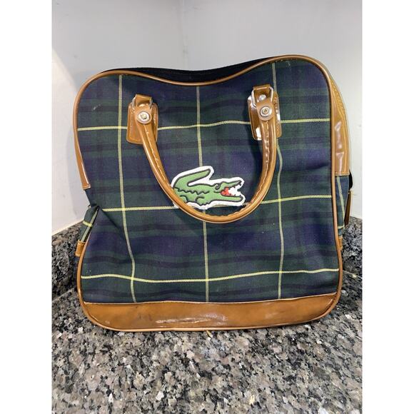 Vintage Lacoste Plaid Canvas Tote Bag Green Blue Brown Trim Retro Preppy - Picture 1 of 15